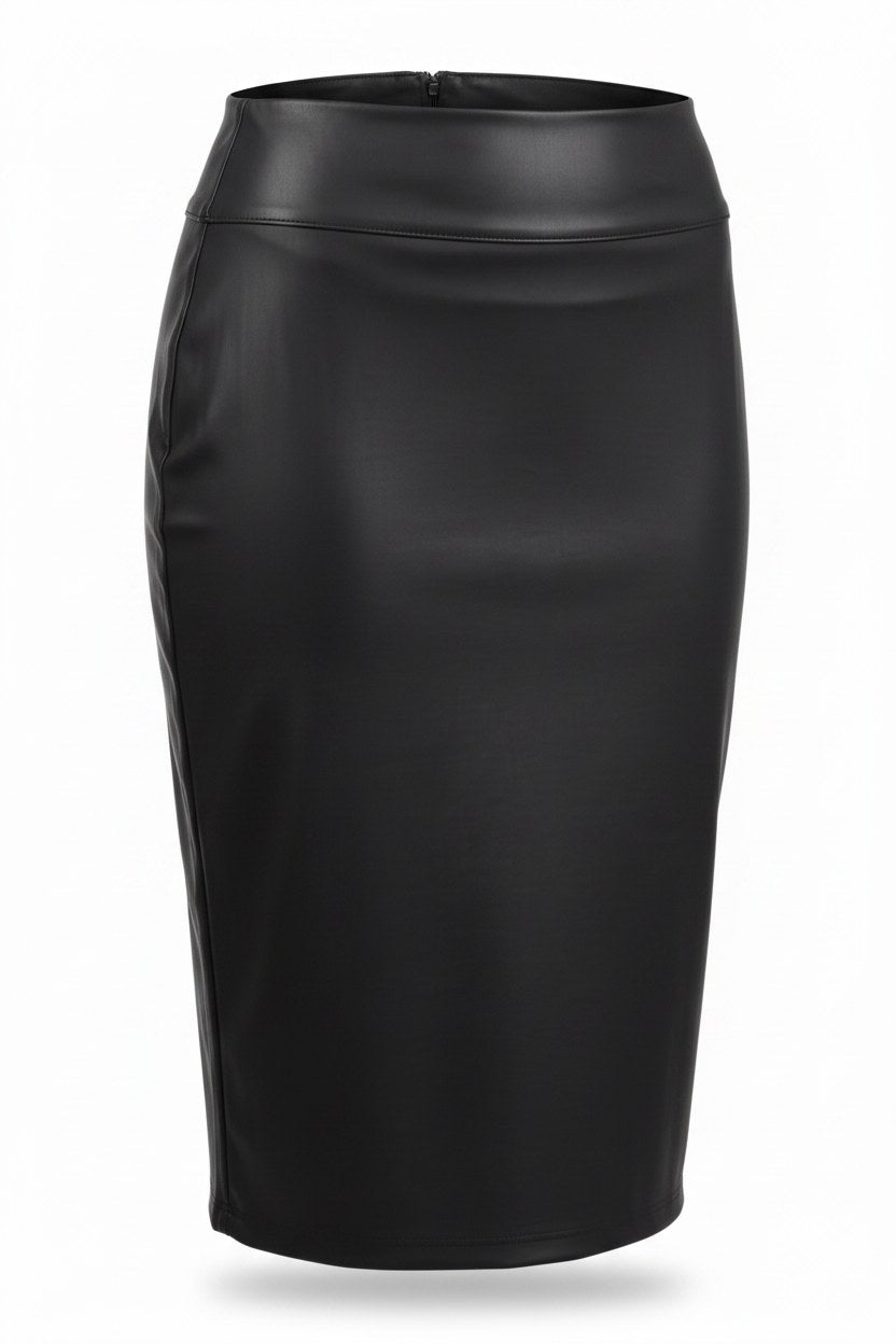 The Matte Leather Pencil Skirt in black, shown on an invisible form
