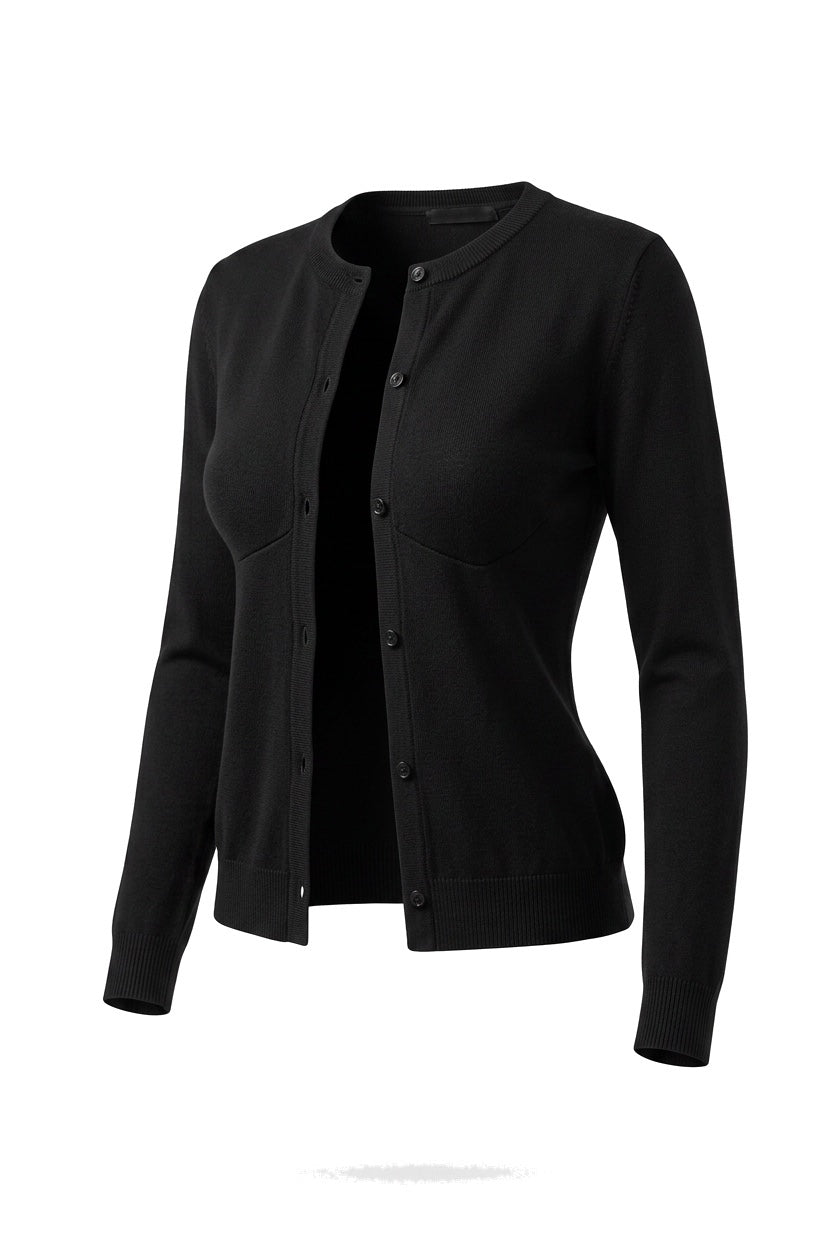 The Fine-Gauge Cardigan in black, shown on an invisible form