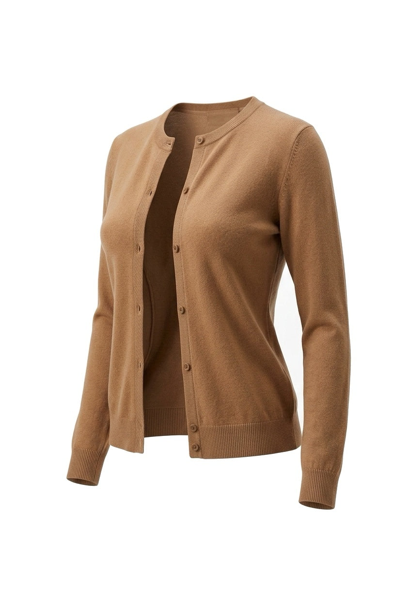 The Fine-Gauge Cardigan in camel, shown on an invisible form