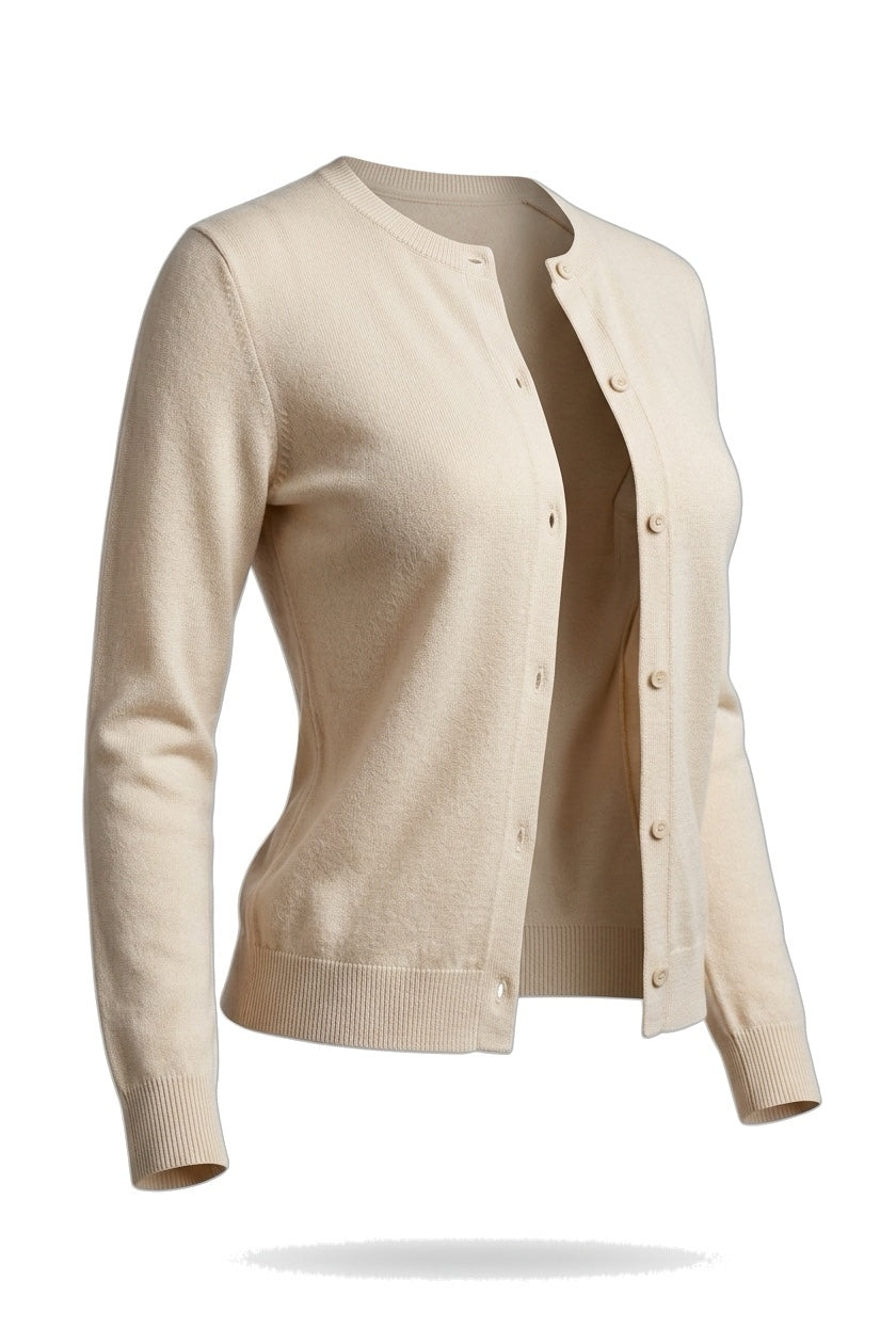 The Fine-Gauge Cardigan in cream, shown on an invisible form