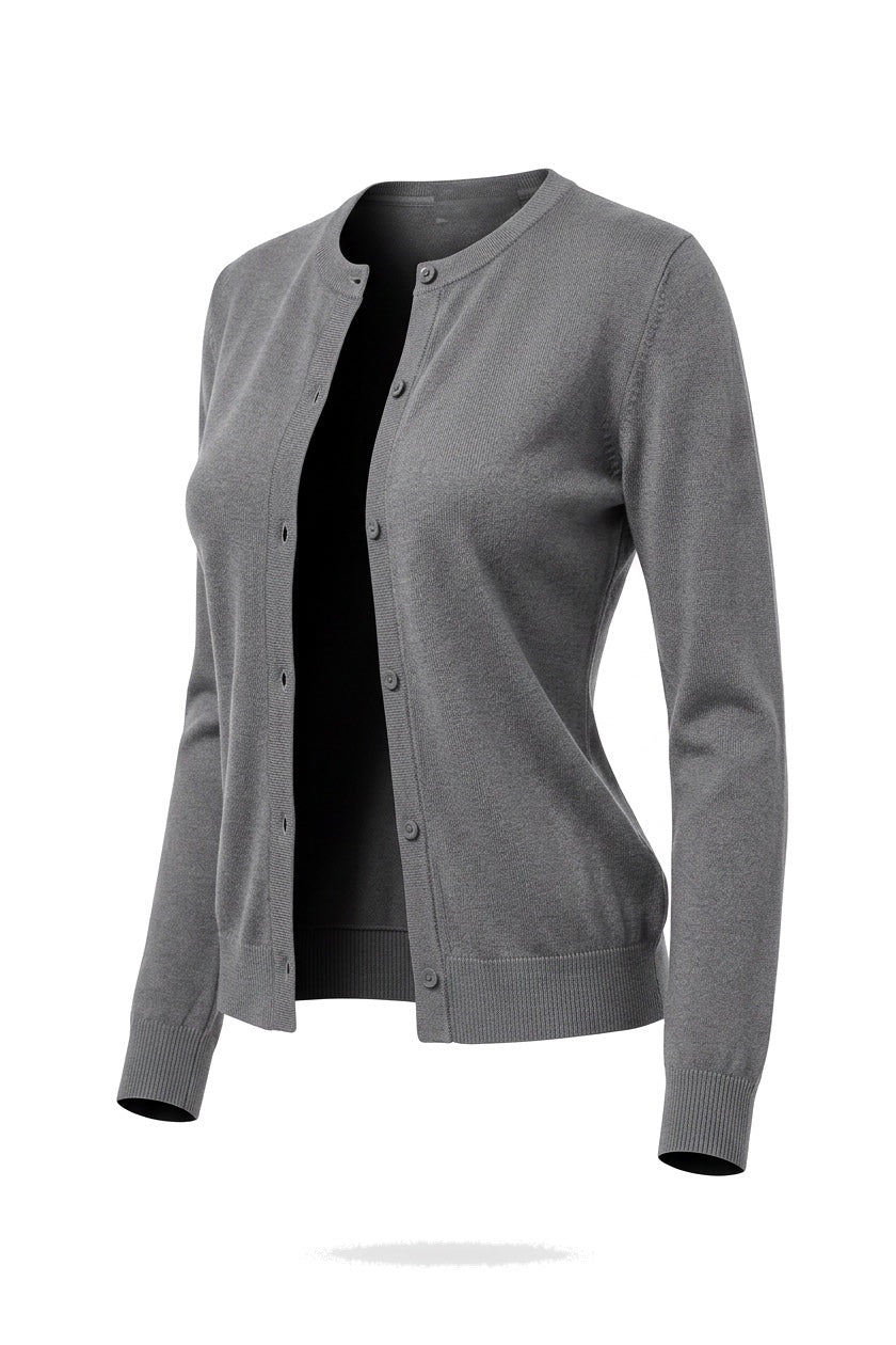 The Fine-Gauge Cardigan in grey, shown on an invisible form