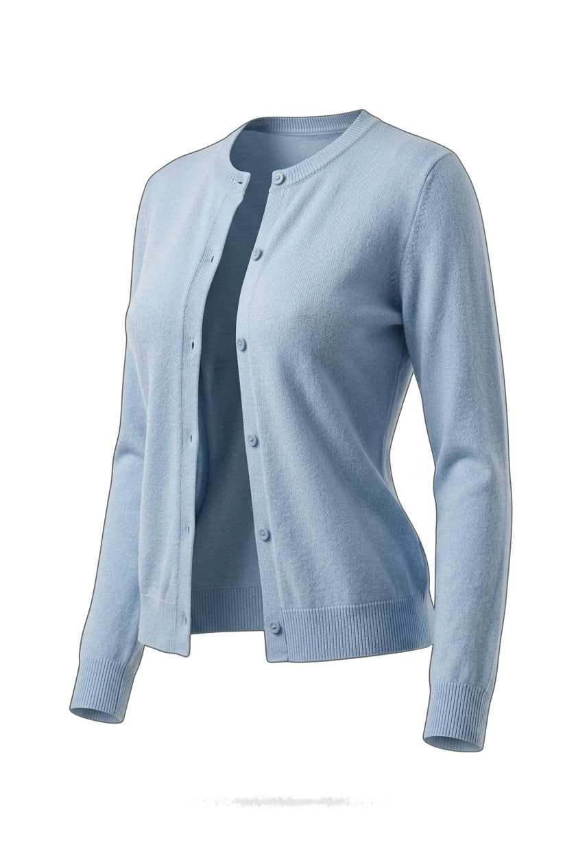 The Fine-Gauge Cardigan in light blue, shown on an invisible form
