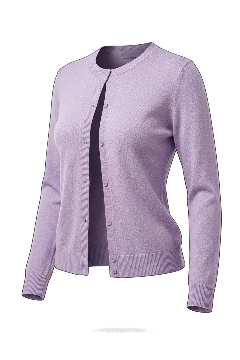 The Fine-Gauge Cardigan in light purple, shown on an invisible form
