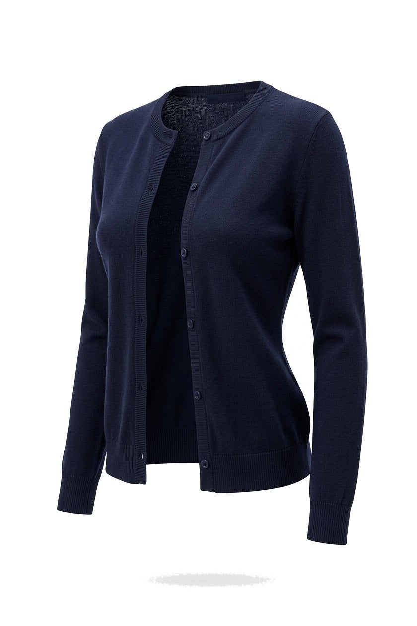 The Fine-Gauge Cardigan in navy, shown on an invisible form