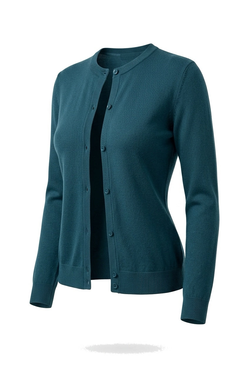 The Fine-Gauge Cardigan in peacock blue, shown on an invisible form
