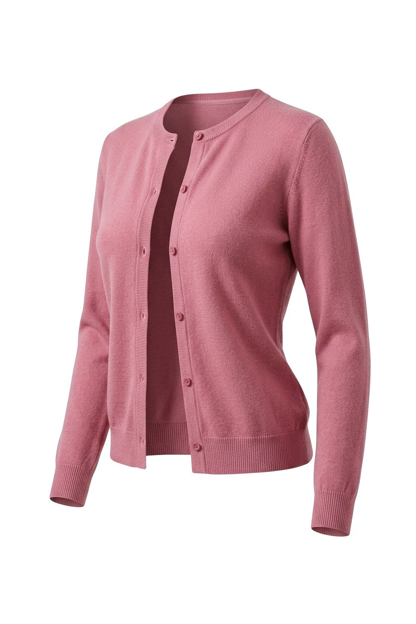 The Fine-Gauge Cardigan in pink, shown on an invisible form