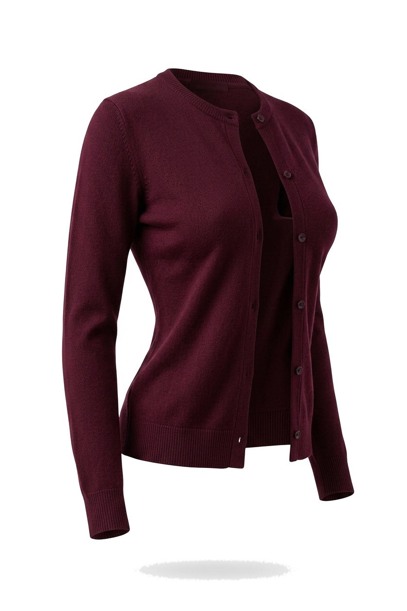 The Fine-Gauge Cardigan in wine, shown on an invisible form