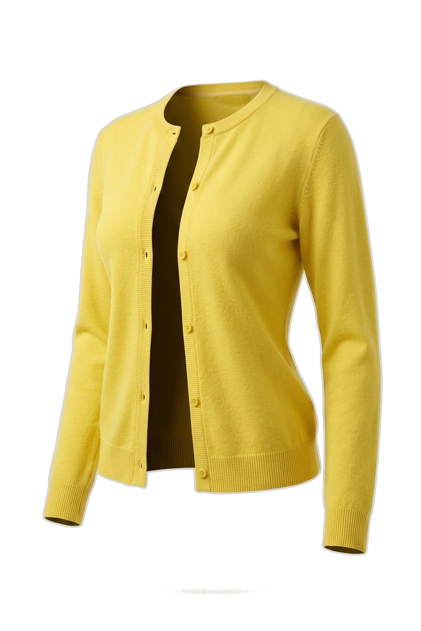 The Fine-Gauge Cardigan in yellow, shown on an invisible form