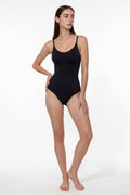 The Thong Bodysuit in black, front view, full length