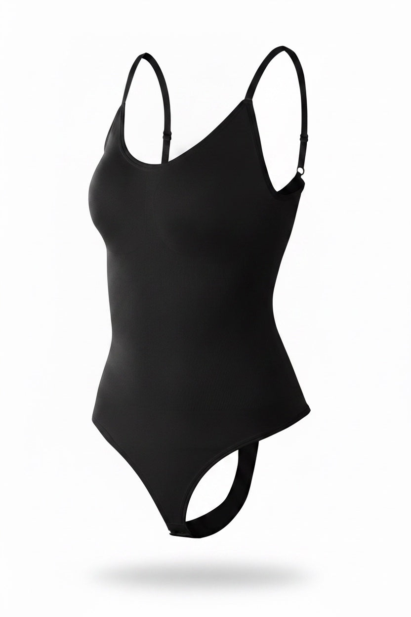 The Thong Bodysuit in black, shown on an invisible form