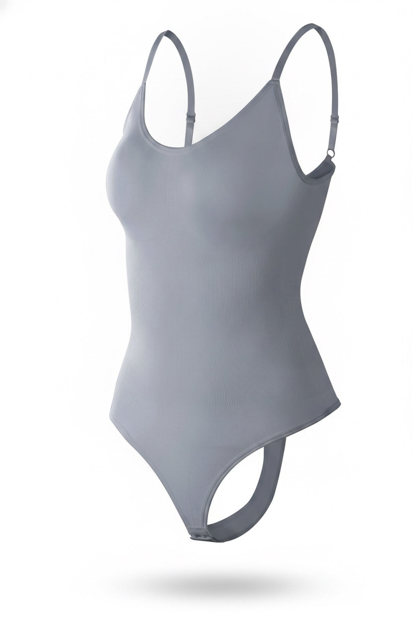 The Thong Bodysuit in grey, shown on an invisible form