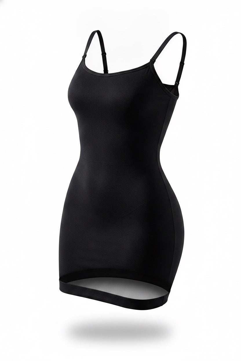 The Cami Slip Dress in black, shown on an invisible form