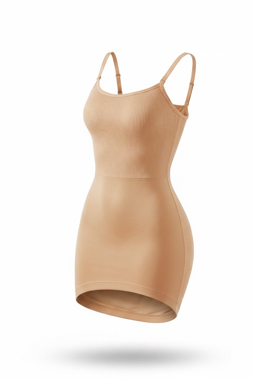 The Cami Slip Dress in nude, shown on an invisible form