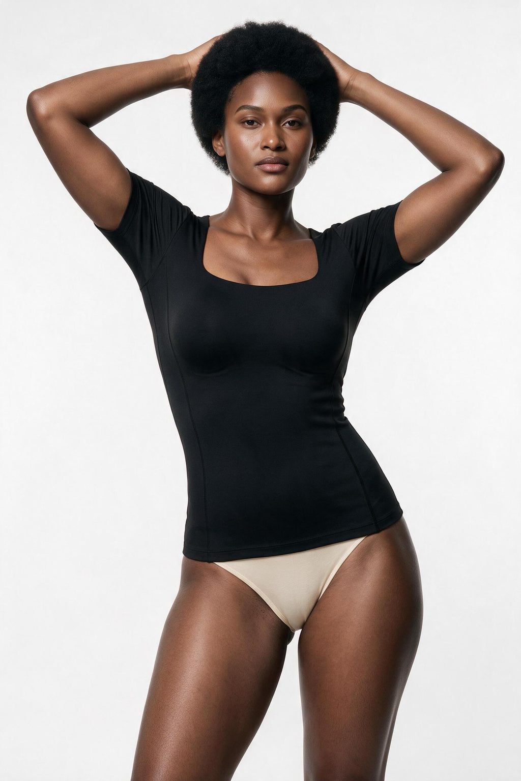 The Square-Neck Tee in black, half-body view