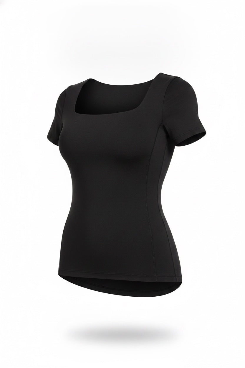The Square-Neck Tee in black, shown on an invisible form