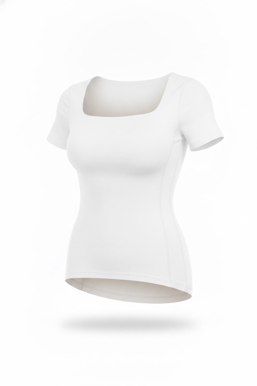 The Square-Neck Tee in white, shown on an invisible form