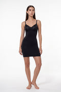 The Sweetheart Slip Dress in black, front view, full length
