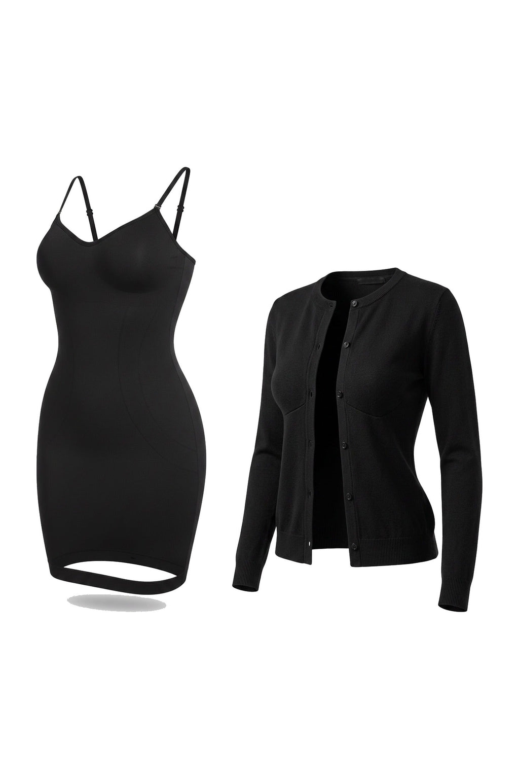 The Sweetheart Layer set: the slip dress and the cardigan, shown flat