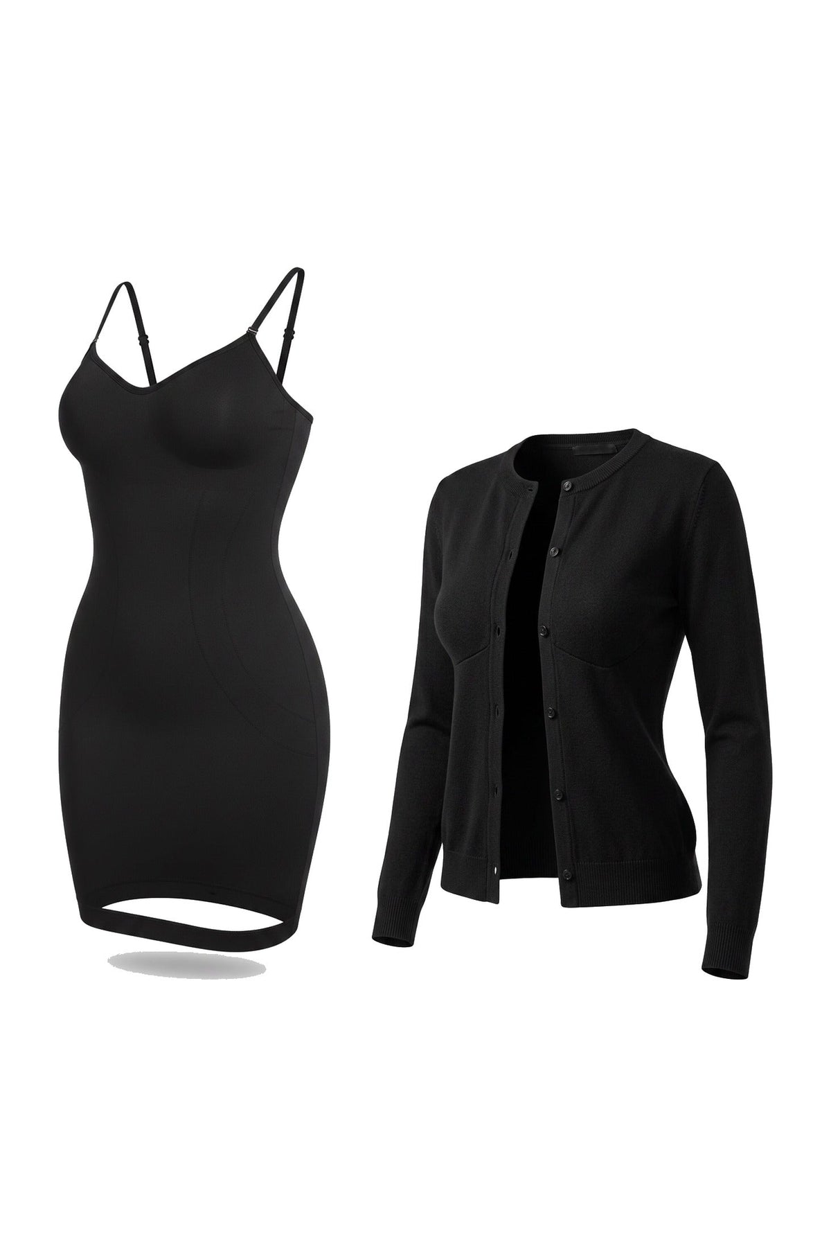 The Sweetheart Layer set: the slip dress and the cardigan, shown flat