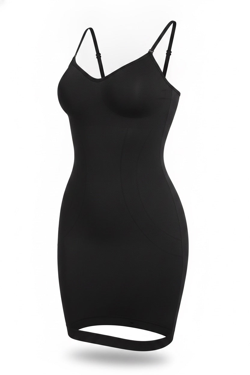 The Sweetheart Slip Dress in black, shown on an invisible form