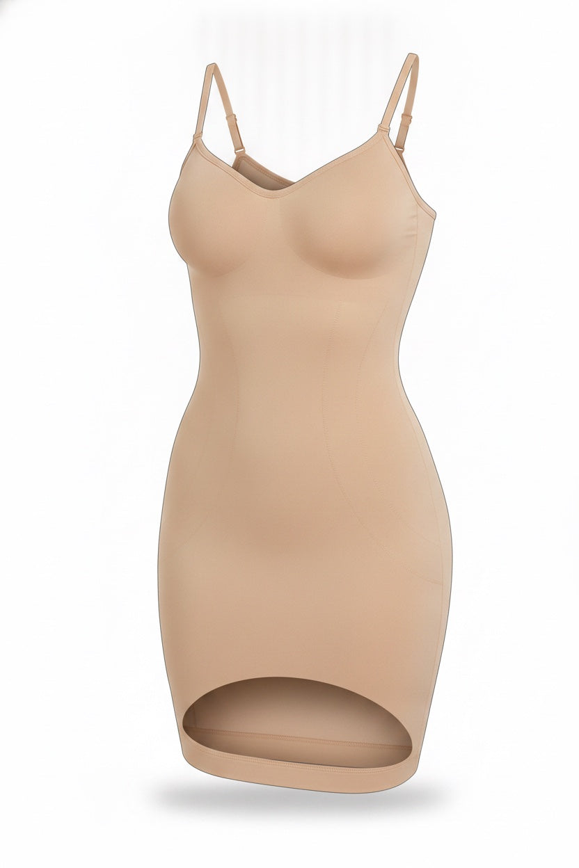 The Sweetheart Slip Dress in nude, shown on an invisible form