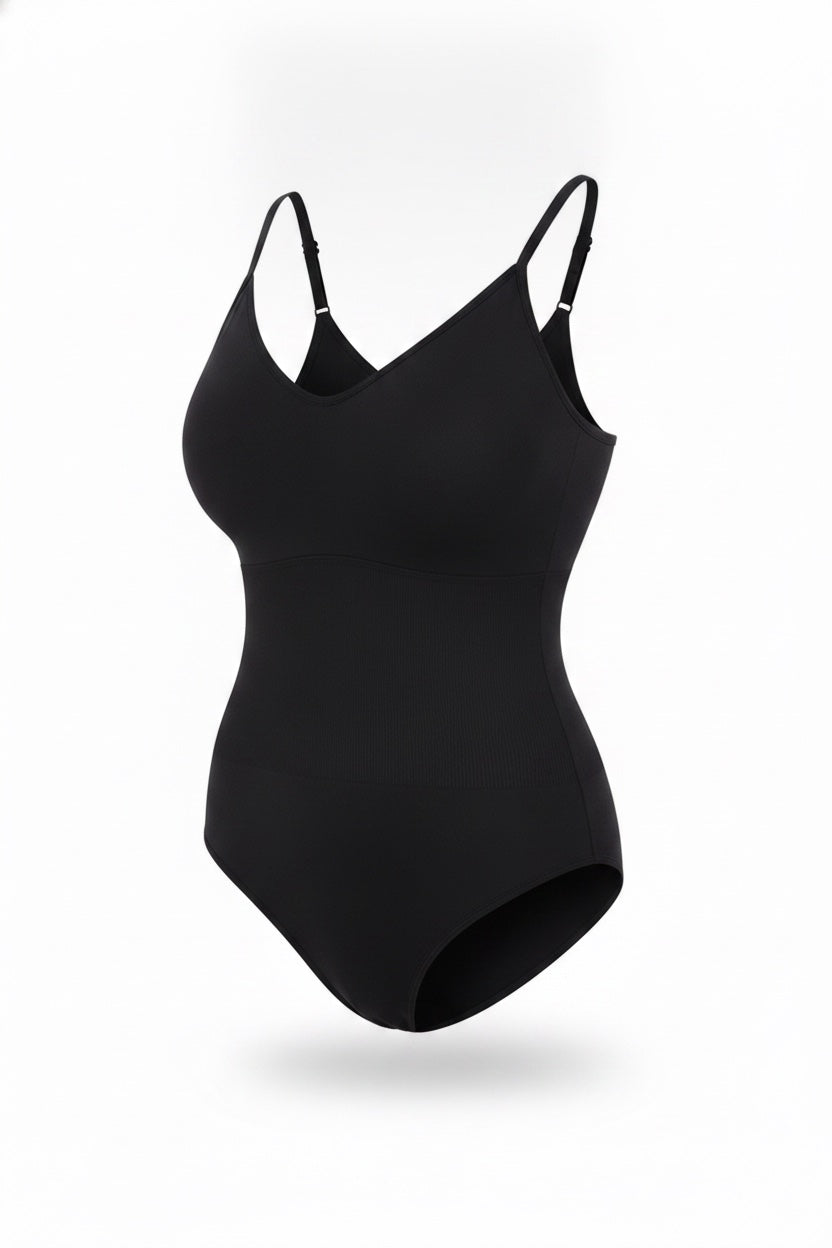 The Deep-V Bodysuit in black, shown on an invisible form