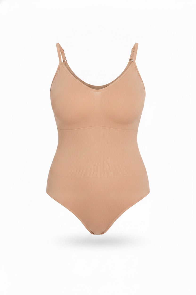 The Deep-V Bodysuit in nude, shown on an invisible form