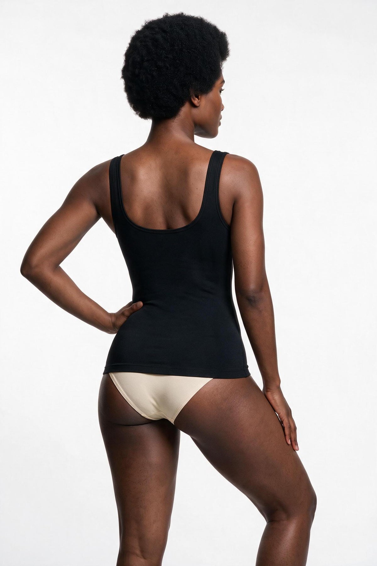 The Wide-Strap Tank in black, back view