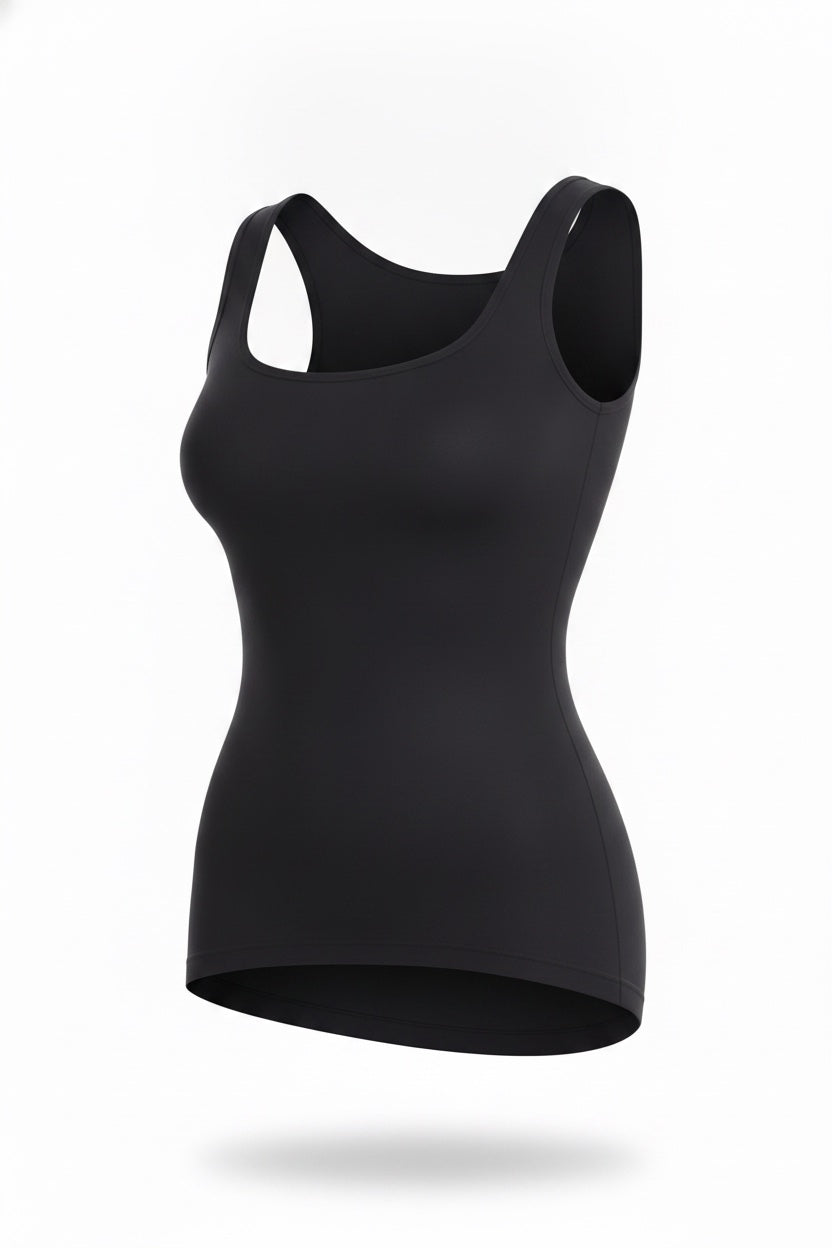The Wide-Strap Tank in black, shown on an invisible form
