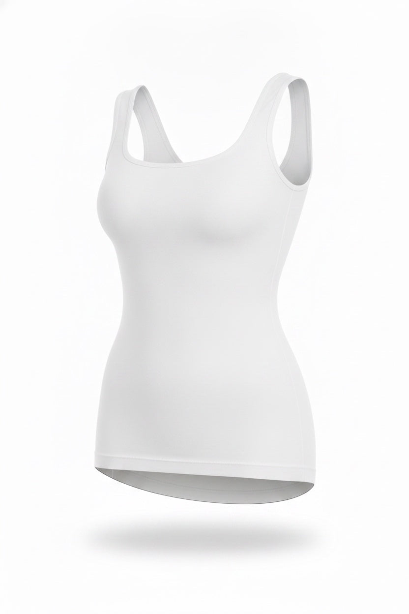 The Wide-Strap Tank in white, shown on an invisible form