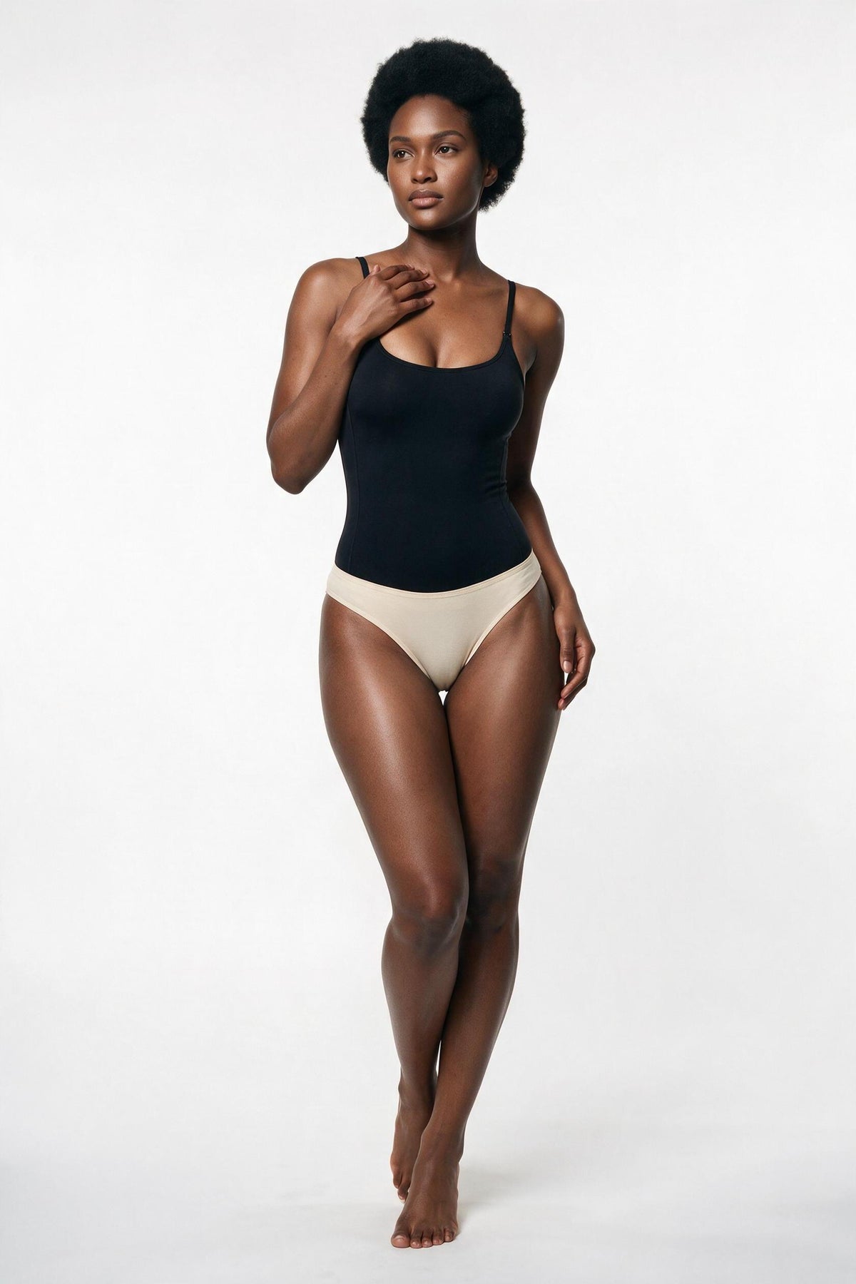 The Scoop Cami in black, front view, full length