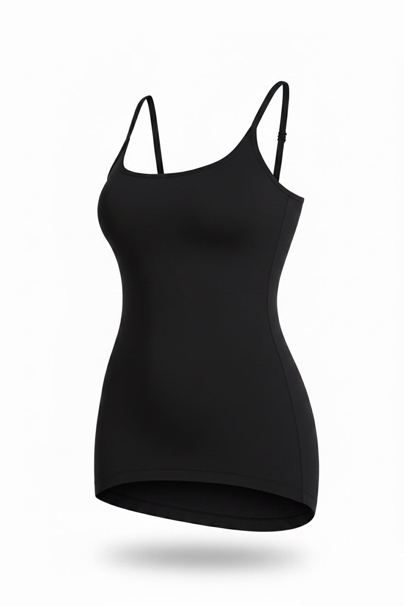 The Scoop Cami in black, shown on an invisible form