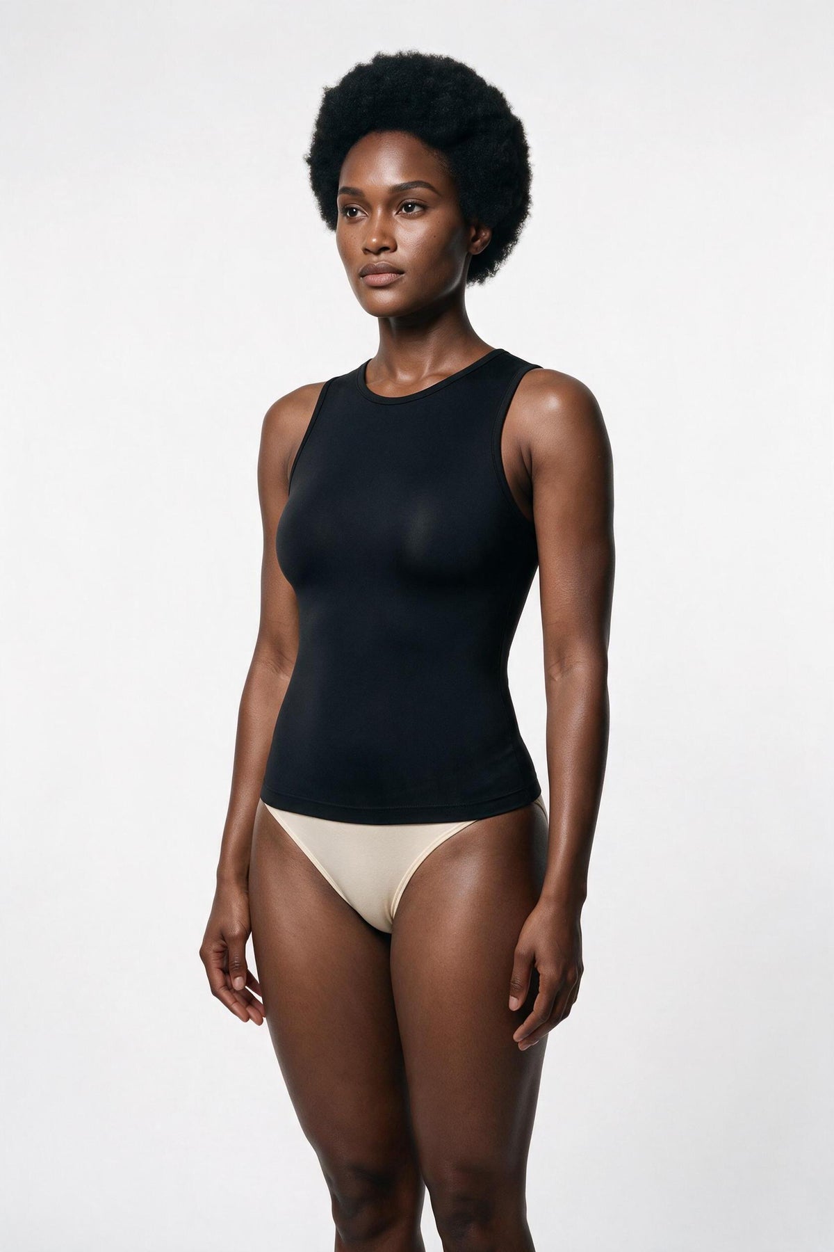 The Crew Tank in black, half-body view