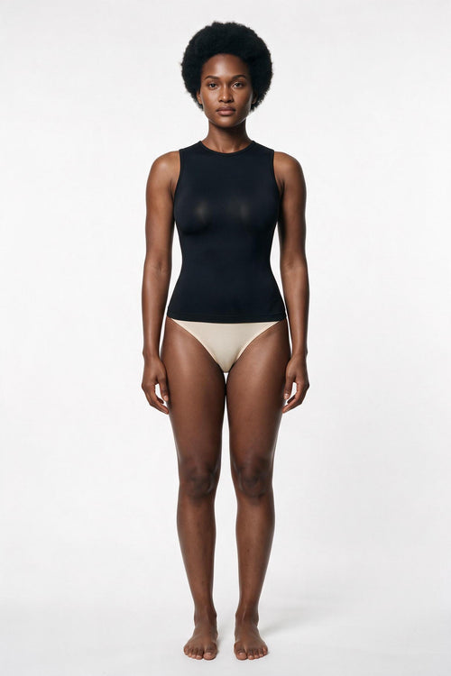The Crew Tank in black, front view, full length