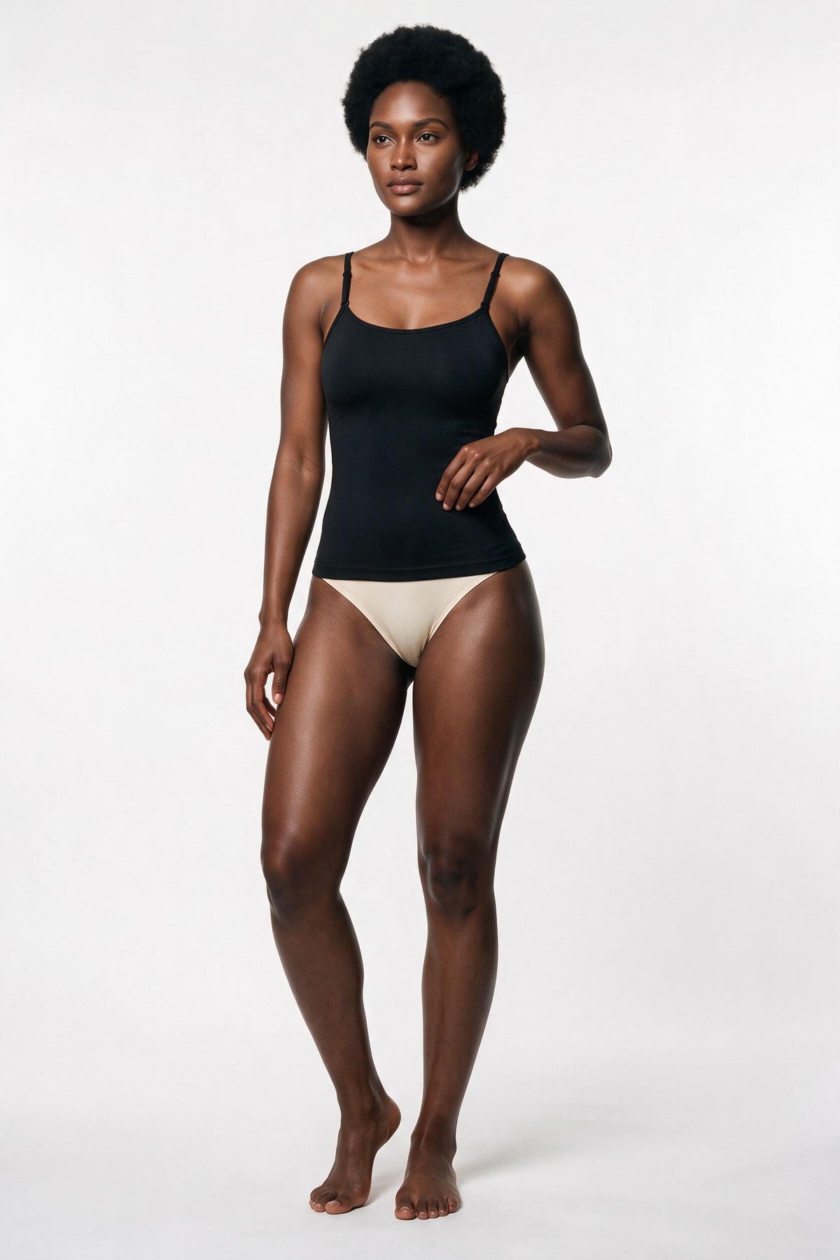 The Soft-Scoop Cami in black, front view, full length