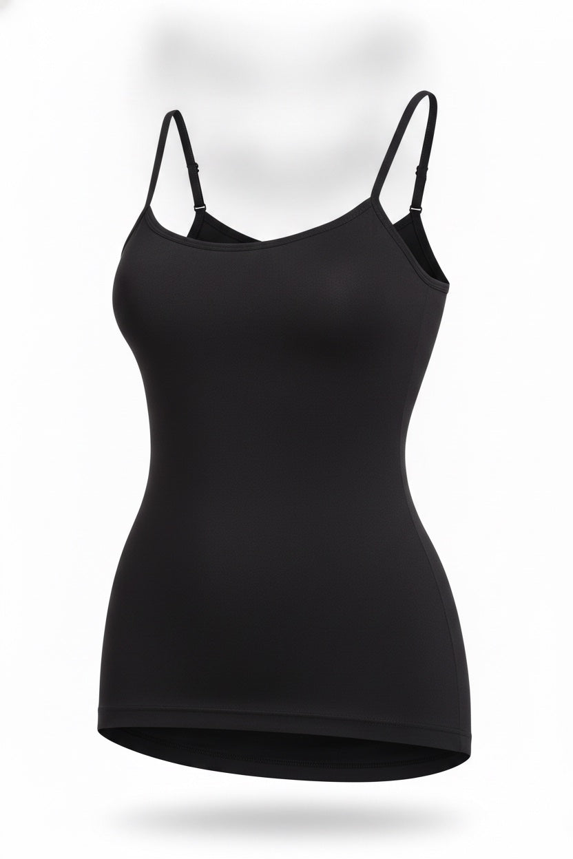 The Soft-Scoop Cami in black, shown on an invisible form