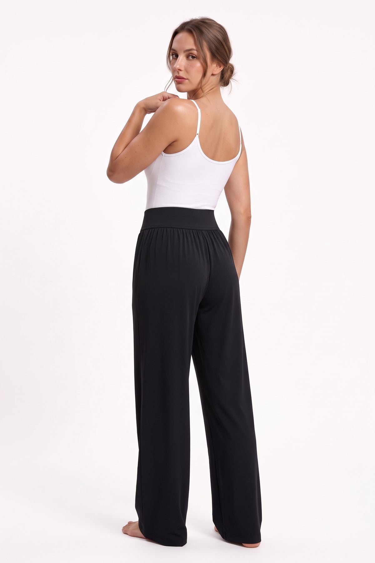 The Wide-Leg Trouser in black, back view