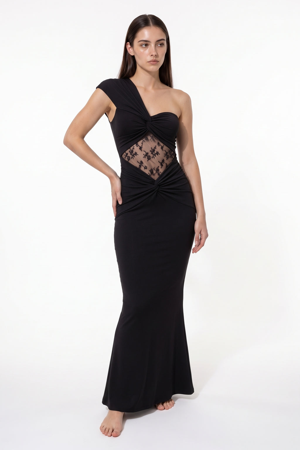 The Twist-Knot Lace Maxi Dress in black, front view