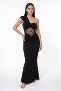 The Twist-Knot Lace Maxi Dress in black, front view
