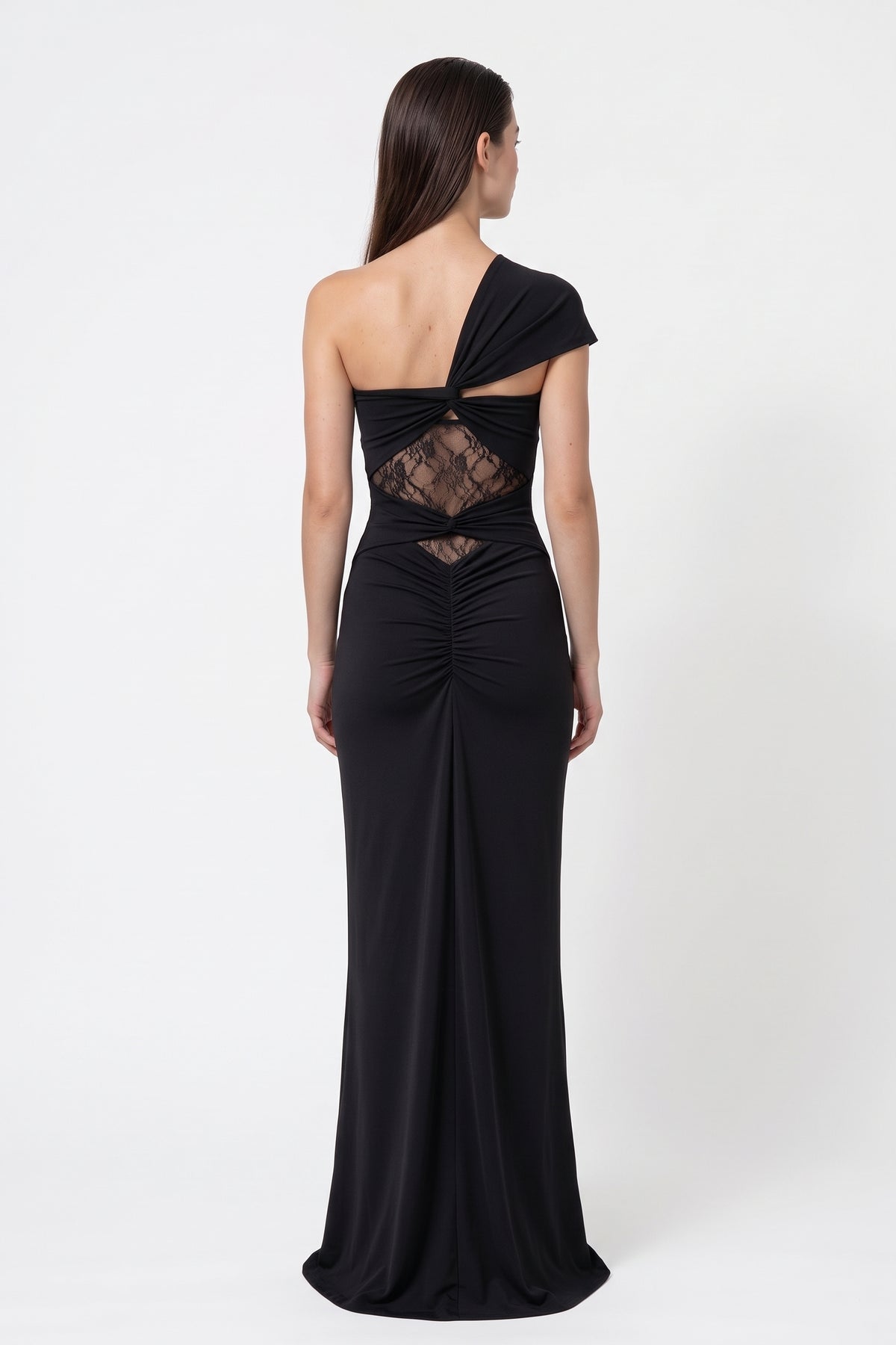 The Twist-Knot Lace Maxi Dress in black, back view