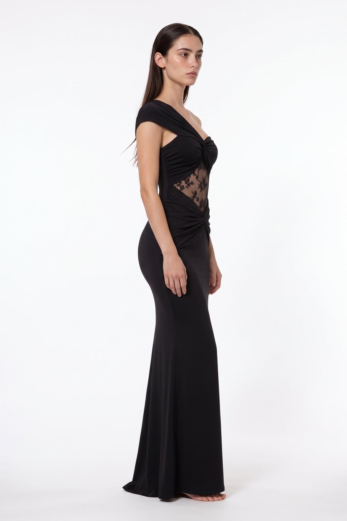 The Twist-Knot Lace Maxi Dress in black, side view