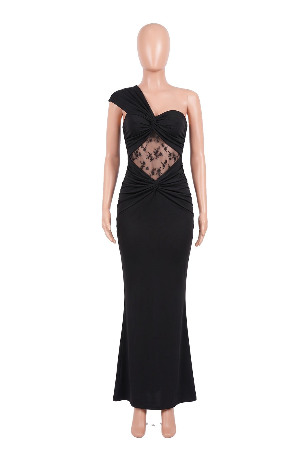 The Twist-Knot Lace Maxi Dress in black, shown on a display form
