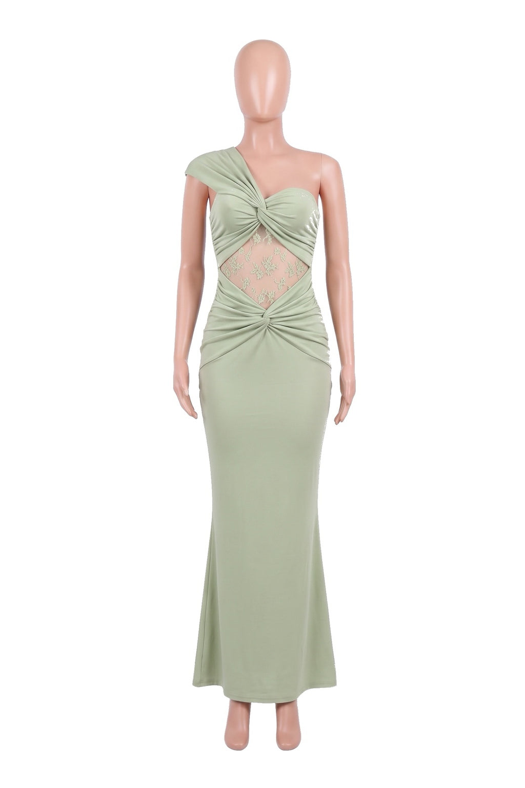 The Twist-Knot Lace Maxi Dress in green, shown on a display form