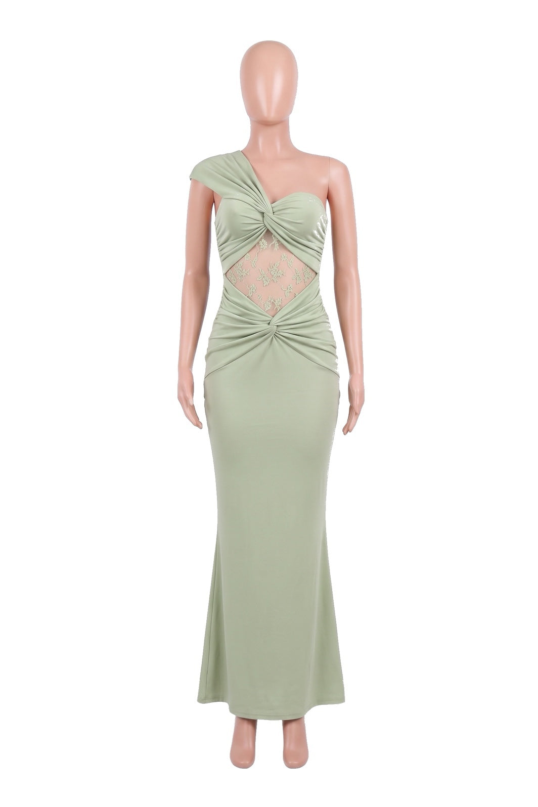The Twist-Knot Lace Maxi Dress in green, shown on a display form