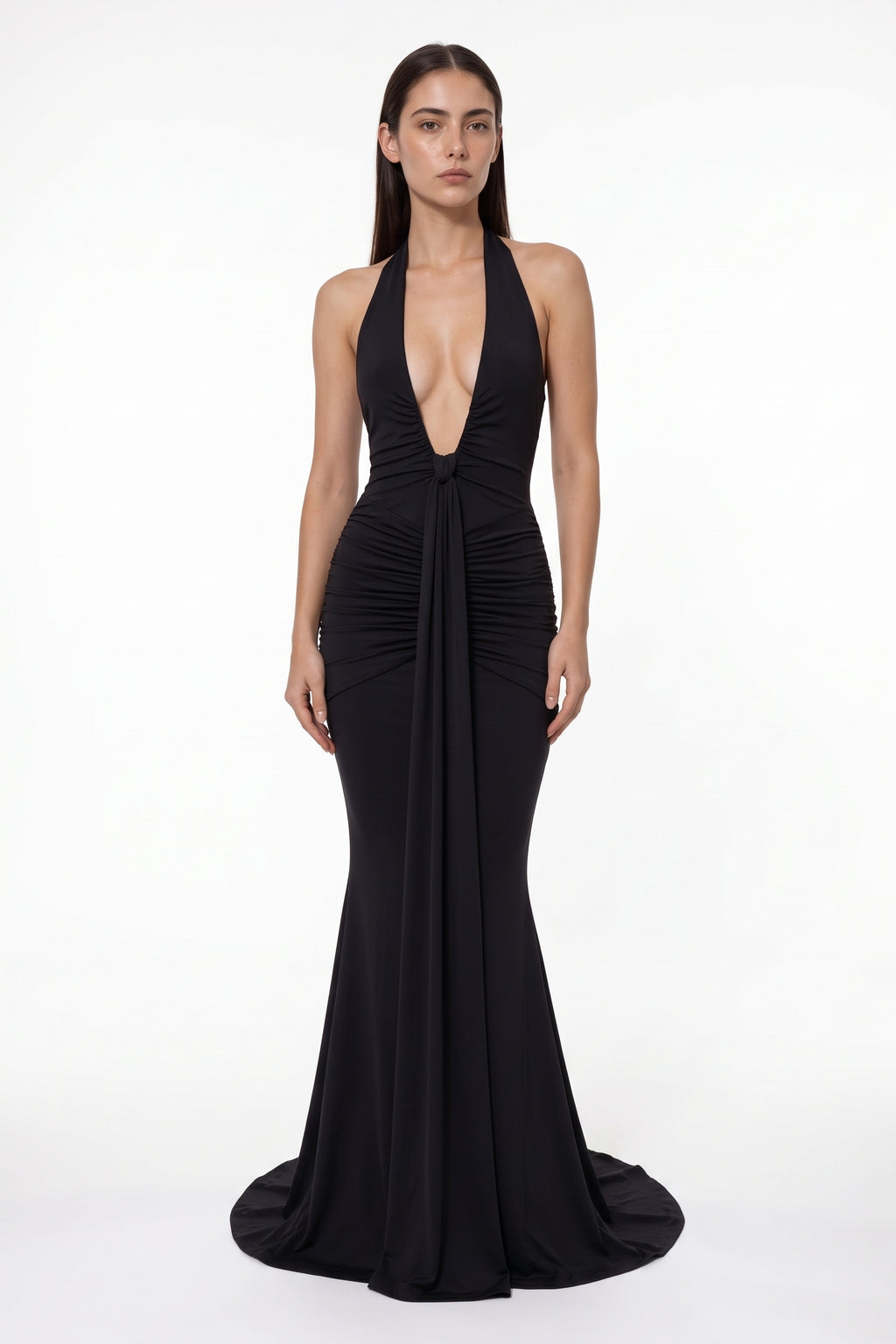 The Halter Mermaid Maxi Dress in black, front view