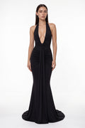 The Halter Mermaid Maxi Dress in black, front view
