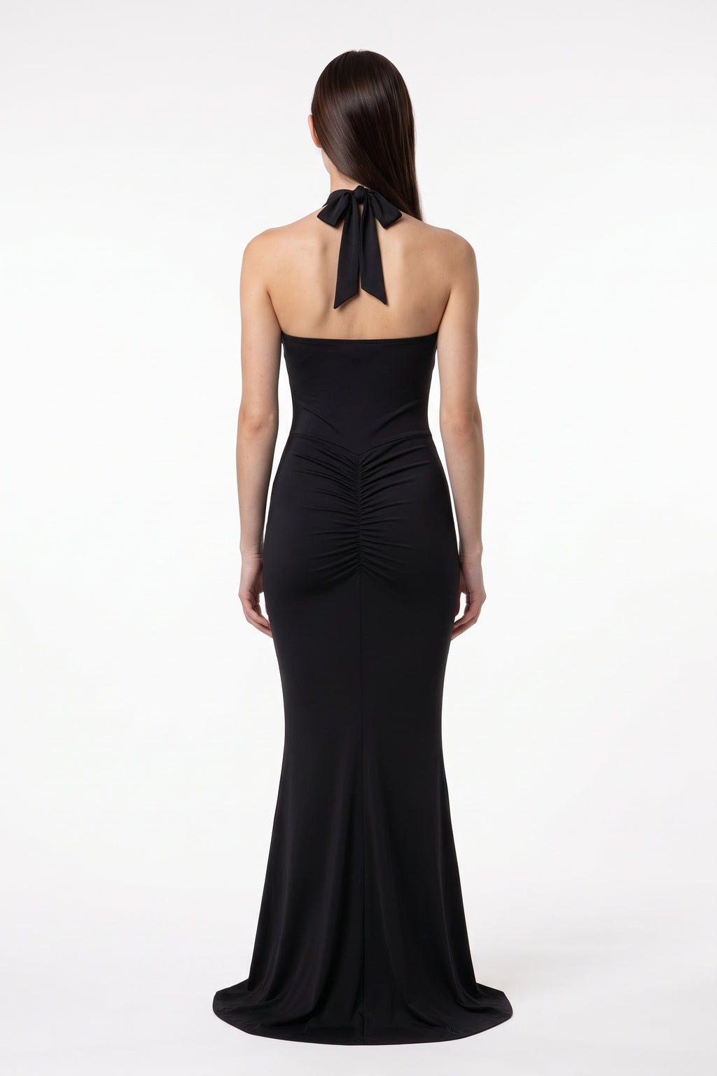 The Halter Mermaid Maxi Dress in black, back view