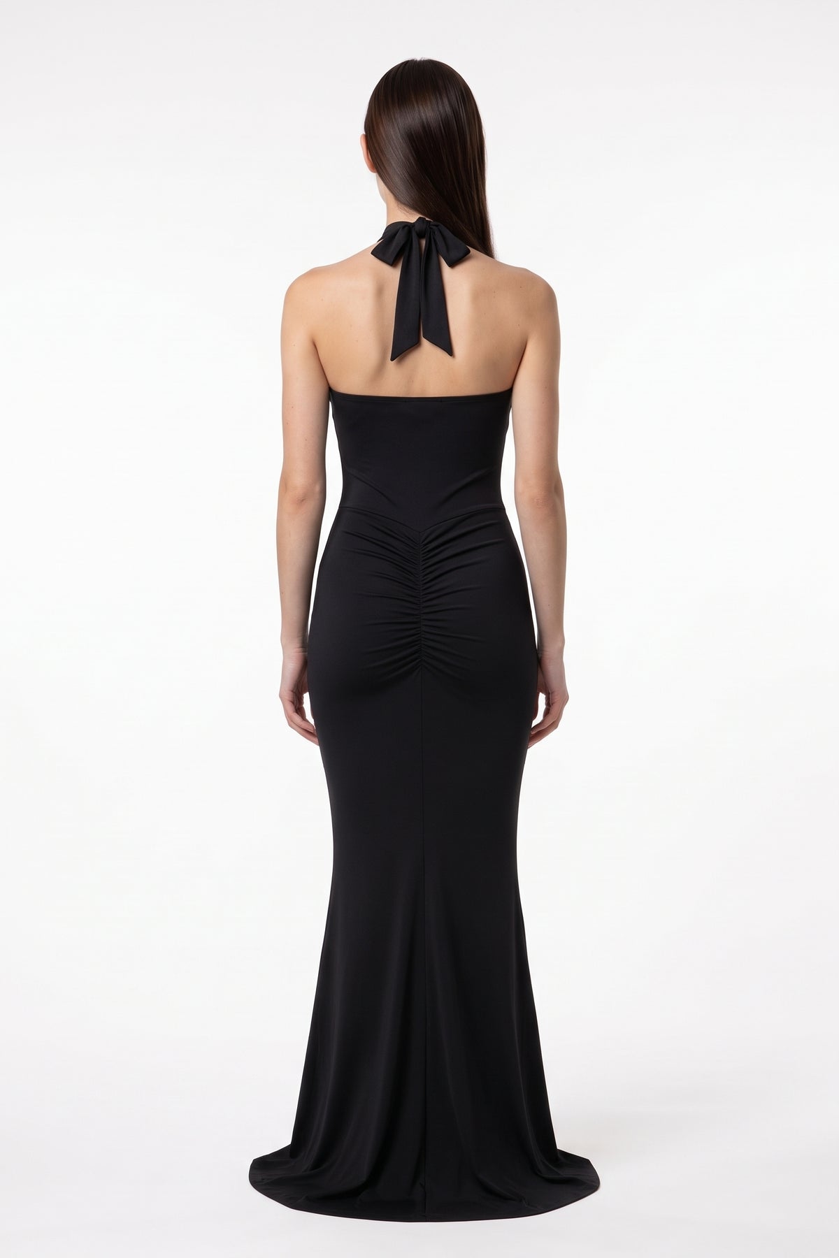 The Halter Mermaid Maxi Dress in black, back view