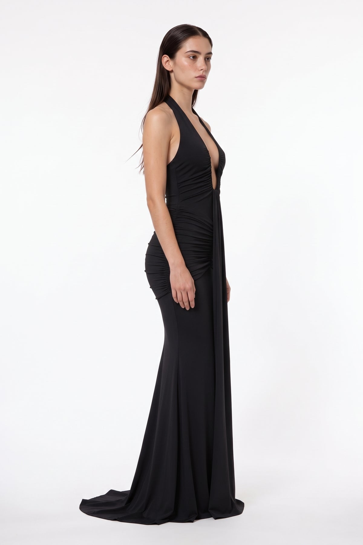 The Halter Mermaid Maxi Dress in black, side view