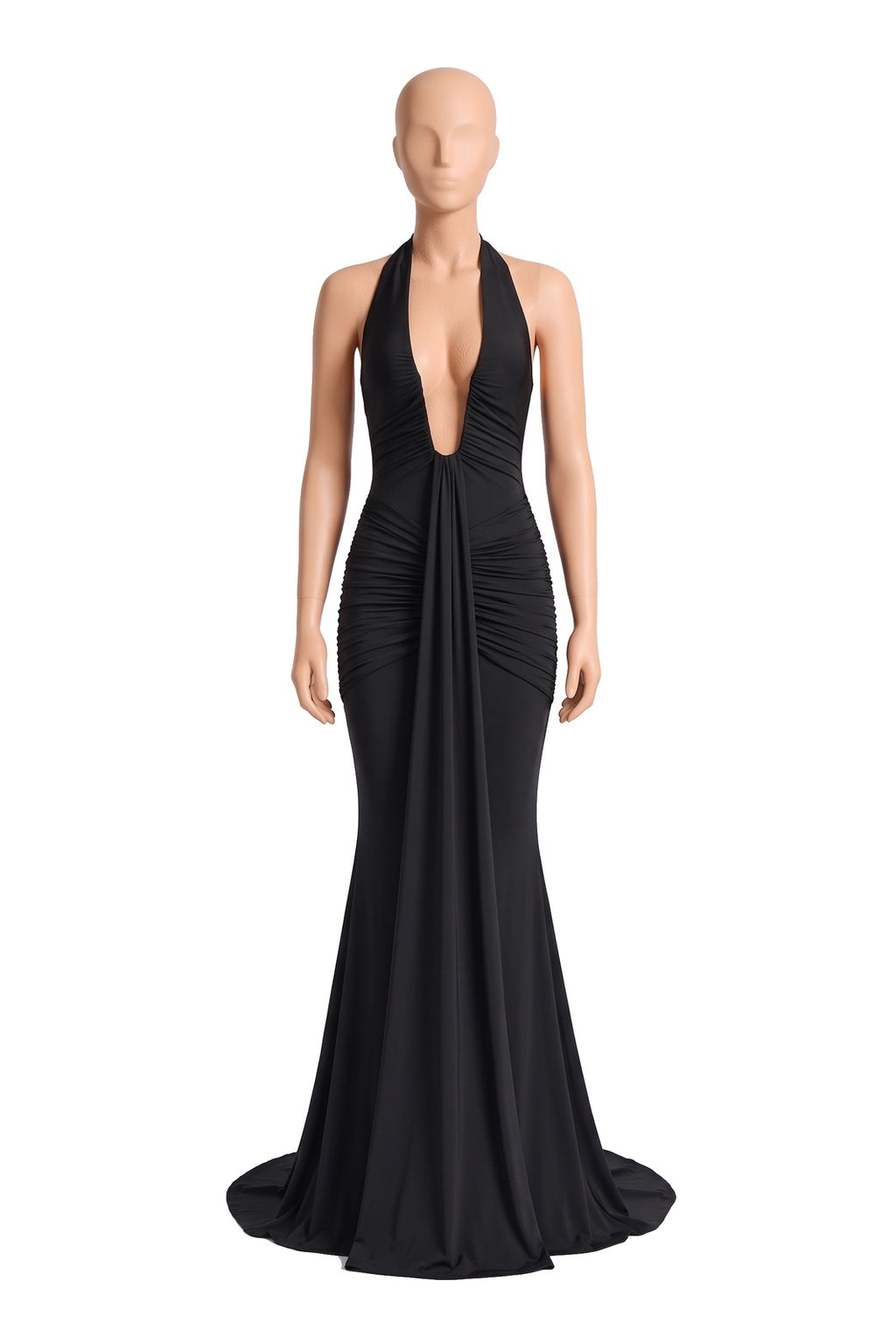 The Halter Mermaid Maxi Dress in black, shown on a display form